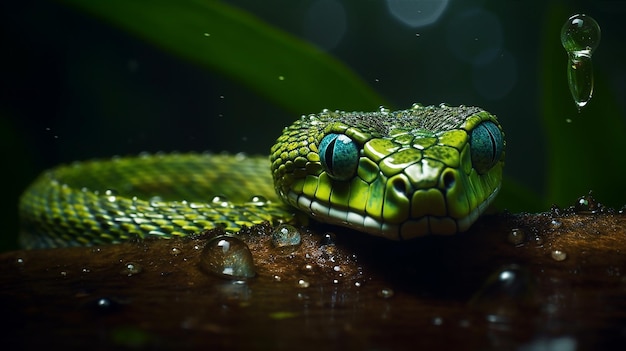 A green snake with blue eyes sits on a branch with raindrops on it.