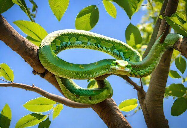 Premium Photo | A green snake with blue and green stripes is hanging ...
