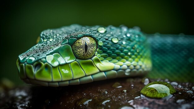 A green snake with a green head sits on a rock with a green leaf on it.