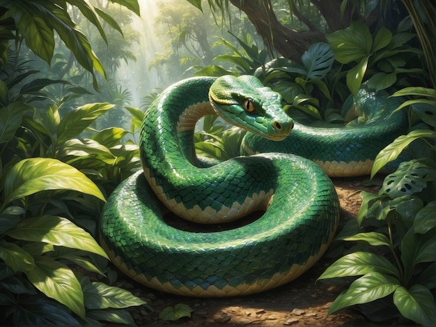 a green snake with a green snake in the middle of the picture