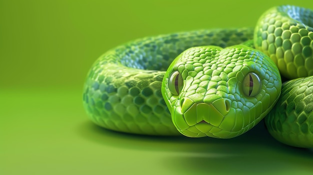 Photo a green snake with a striking pattern of scales slithers across a vibrant green background
