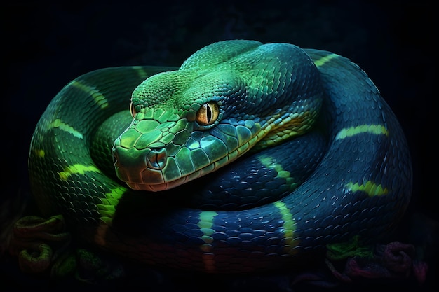 A green snake with yellow eyes and a blue tail is laying on a dark background.