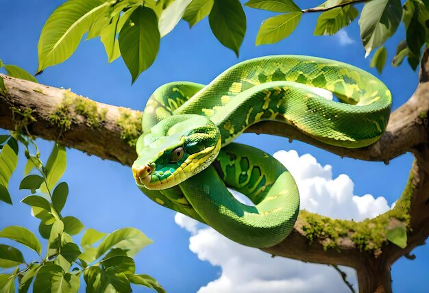 Foto un serpente verde con gli occhi gialli si siede su un ramo