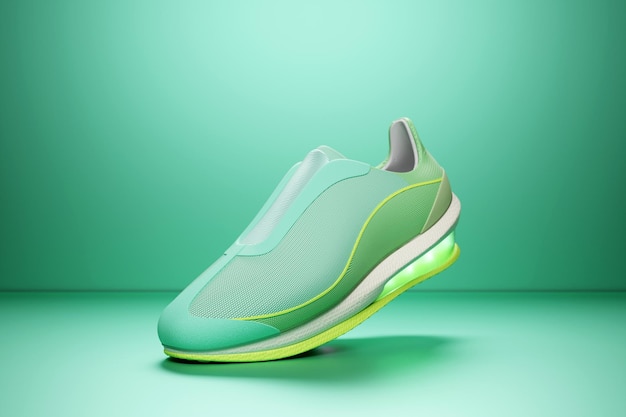 Green sneakers on the sole The concept of bright fashionable sneakers 3D rendering