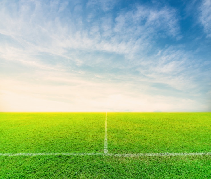青い空と緑のサッカーフィールド