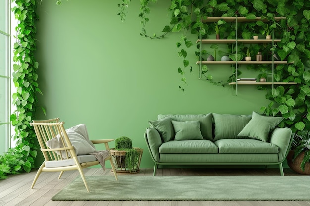 Foto divano verde e sedia contro parete verde con scaffale per libri design interno della casa scandinava di un soggiorno moderno con verde