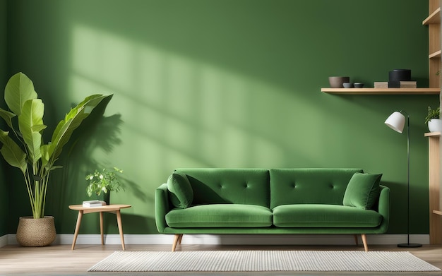 Green sofa and chair against green wall with book shelf Scandinavian home interior design of modern living room with greenery