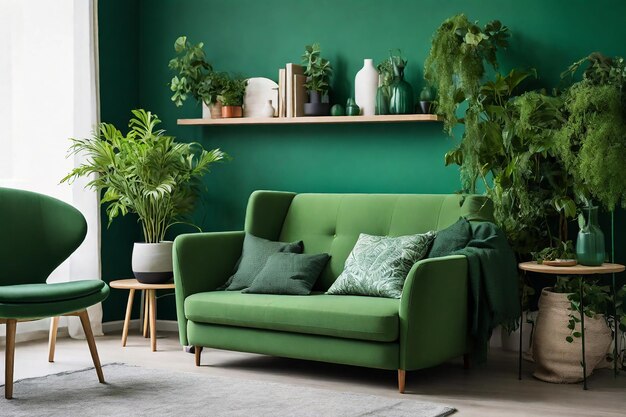 Green sofa and chair against a green wall