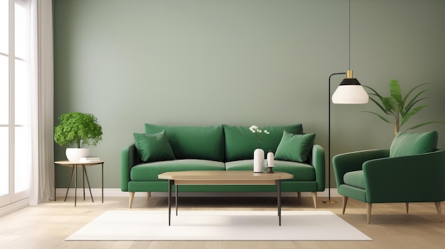 Premium AI Image  A living room with green sofas and a green couch.