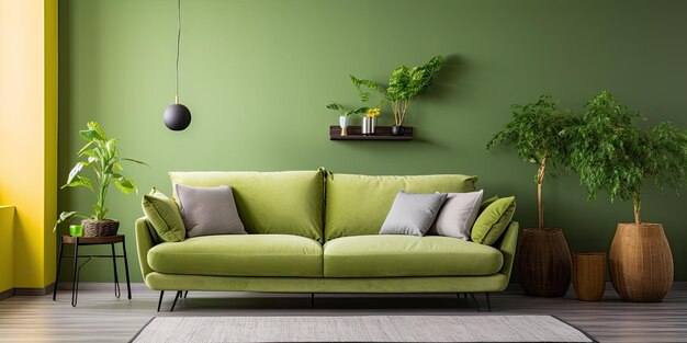 Photo green sofa in stylish living room