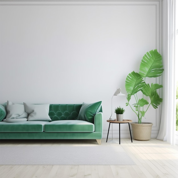 Green Sofa In White Living Room With Free Space