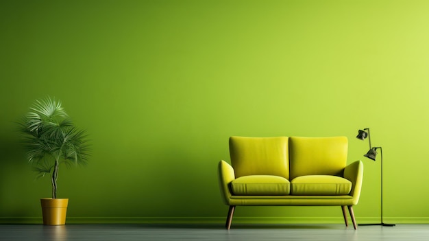 Green sofa with green walls and copy space