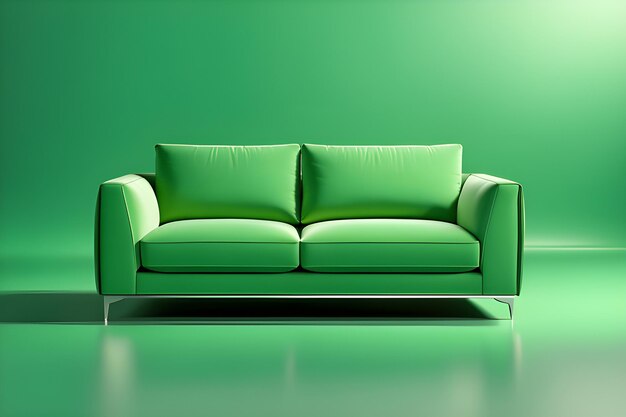 Green sofa with pillows on a green background