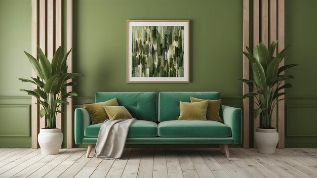 Green sofa with table on green wall and white wood flooring