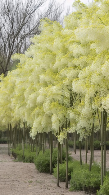 초록색 Sophora japonica 나무는 하 Sophora Japonica 꽃으로 가득 차 있습니다.