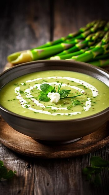 A green soup with a spoonful of cream cheese and garlic