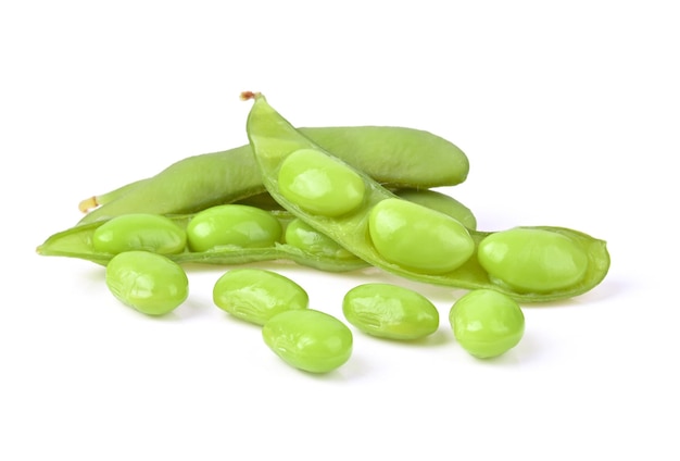 Green soy beans on white background