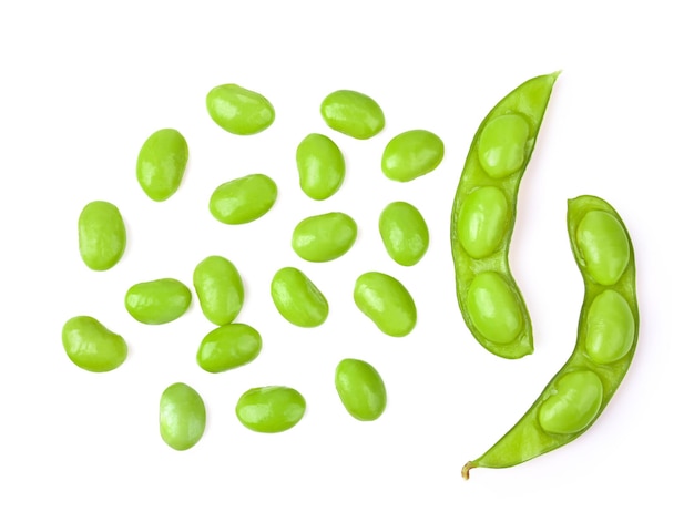 Green soy beans on white surface top view