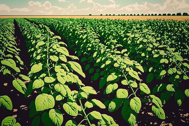 Green soybean crop plants at agricultural farm field industrial agriculture landscape