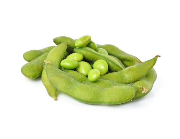 Green soybeans on white background