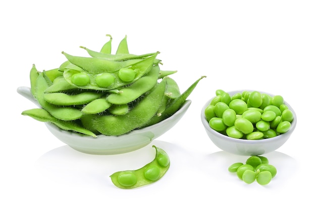 Green soybeans on white