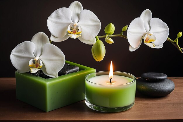 Green spacandle and white orchid