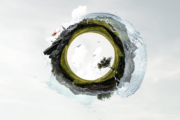 Photo green sphere landscape with grass and clear water. mixed media