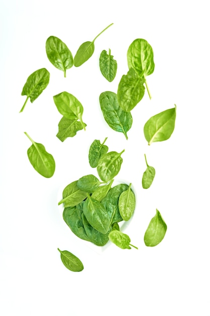 Green spinach leaves flying on white, fresh salad in motion, vegetables levitation concept, isolated