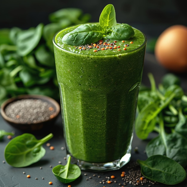 Green spinach smoothie in glass on table