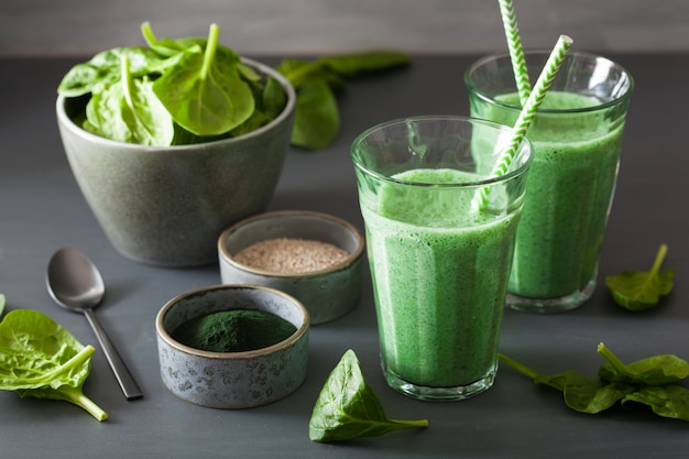 Green spinach smoothie with spirulina