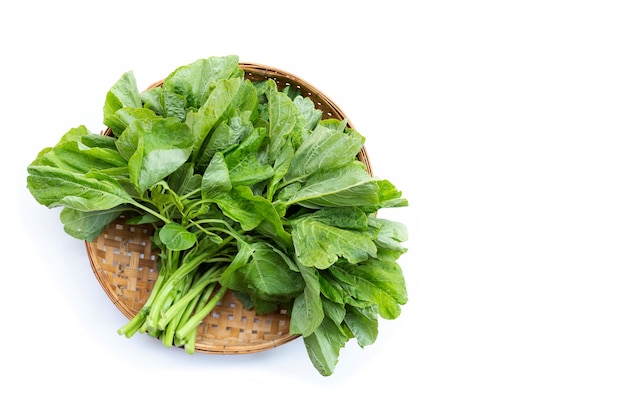 Green spinach on white wall. Top view