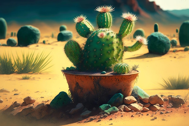 Green spiny cactus in pot in ground against background of sandy desert