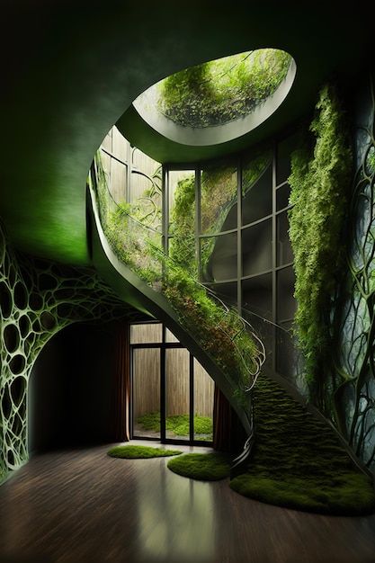 A green spiral staircase with a window that has a plant growing on it.