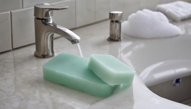 Photo a green sponge on a sink