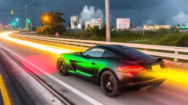A green sports car driving on a road with a cloudy sky in the background.