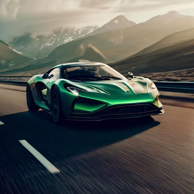 A green sports car is driving on a road in front of mountains