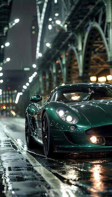 a green sports car is parked on a wet street