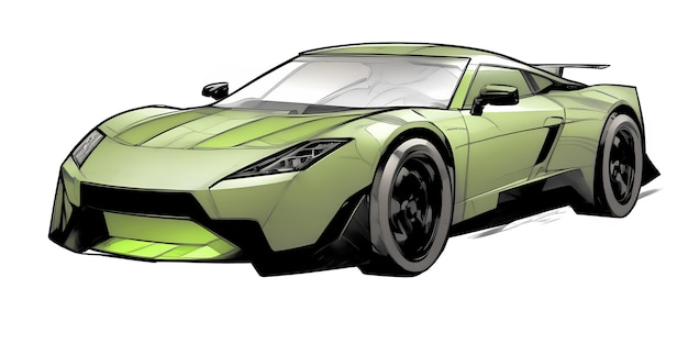 緑のスポーツカーがこの描画スタイルで表示され、背景は白、アウトラインは黒です AI