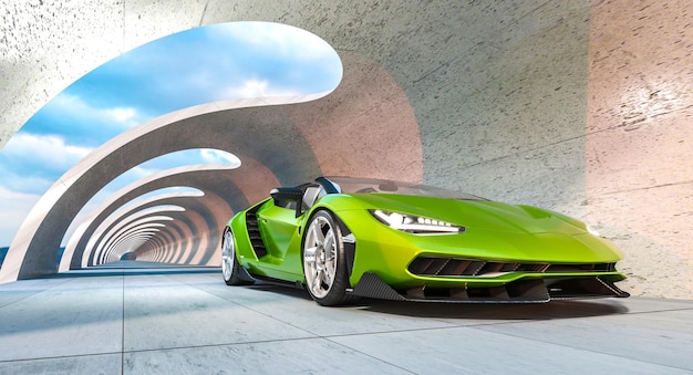 green sports car in modern futuristic tunnel 3d render