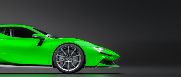 暗い背景に緑のスポーツカーの側面図