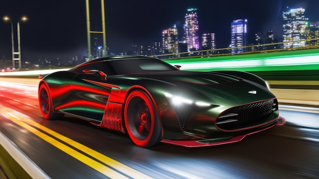 A green sports car with red and green stripes drives down a highway at night.