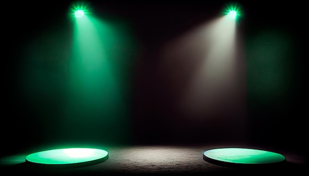 Зеленые прожекторы светят на полу сцены в темной комнате. Идея для макета фона. Генеративный AI