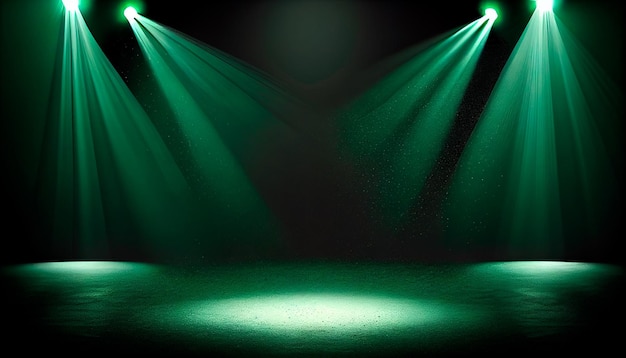 Green spotlights shine on stage floor in dark room idea for background backdrop mockup AI generative