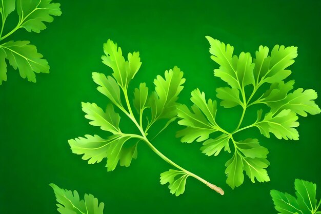 A green sprig of parsley is shown on a green background