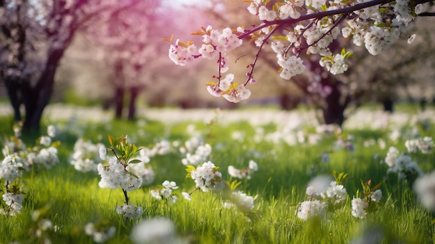 カラフルな背景に緑の春の草原白い色の背景春の花緑の自然自然の背景春夏の風景