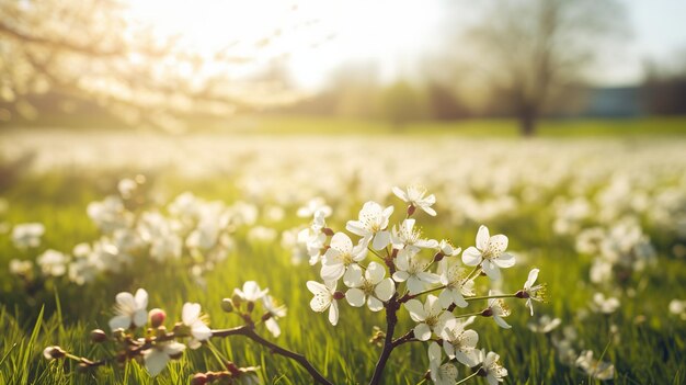 Green spring meadow on colorful background White color background Spring flowers Green nature Natural background Spring summer landscape