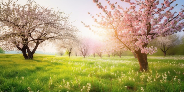 Green spring meadow on colorful background White color background Spring flowers Green nature Natural background Spring summer landscape