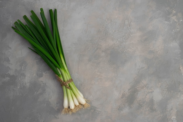 Green spring onions on gray stone background, top view