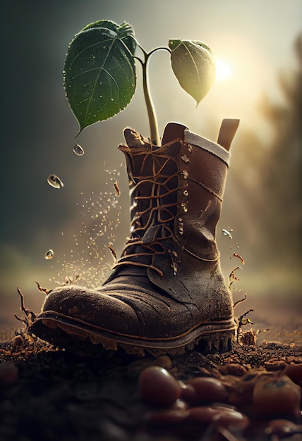 A green sprout grew in an old boot AI generated