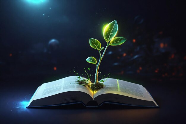 Green sprout growing from an open book Concept of knowledge 3D rendering